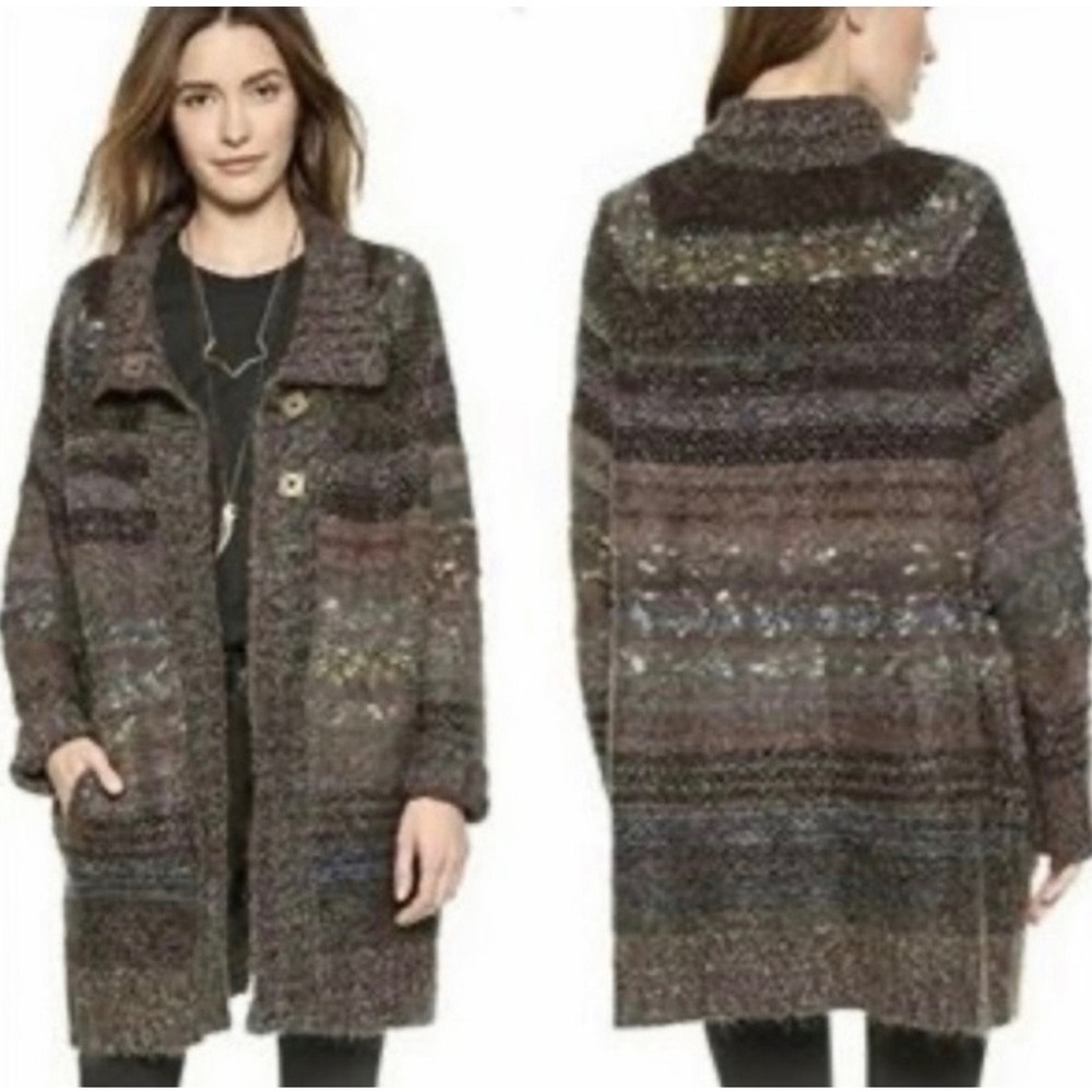 Free People Longline Striped Mohair Alpaca Wool Blend Cardigan Sweater Brown S/P